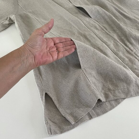 Eileen Fisher 100% Linen Open Front Collarless Jacket Natural Tan Beige Large - Picture 7 of 11